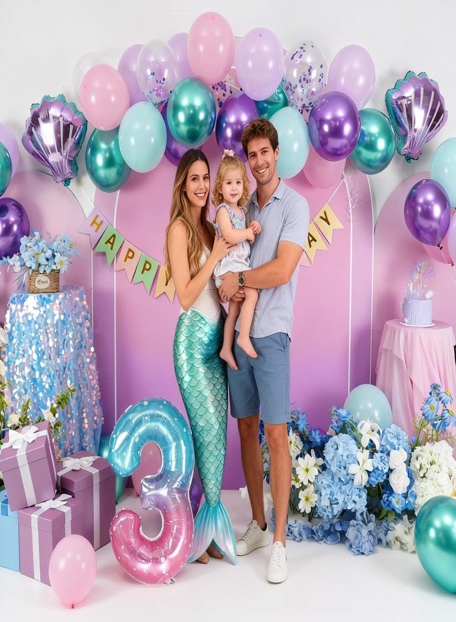 زينة عيد ميلاد حورية البحر الثالث للبنات، زينة حفلات عيد الميلاد الثالث، بالونات لاتكس معدنية بألوان البنفسجي والأخضر والوردي والأزرق، بالونات فويل على شكل رقم 3 على شكل صدفة بحرية، لافتة، زينة كعكة، ديكور حفلة بحرية - Image 4